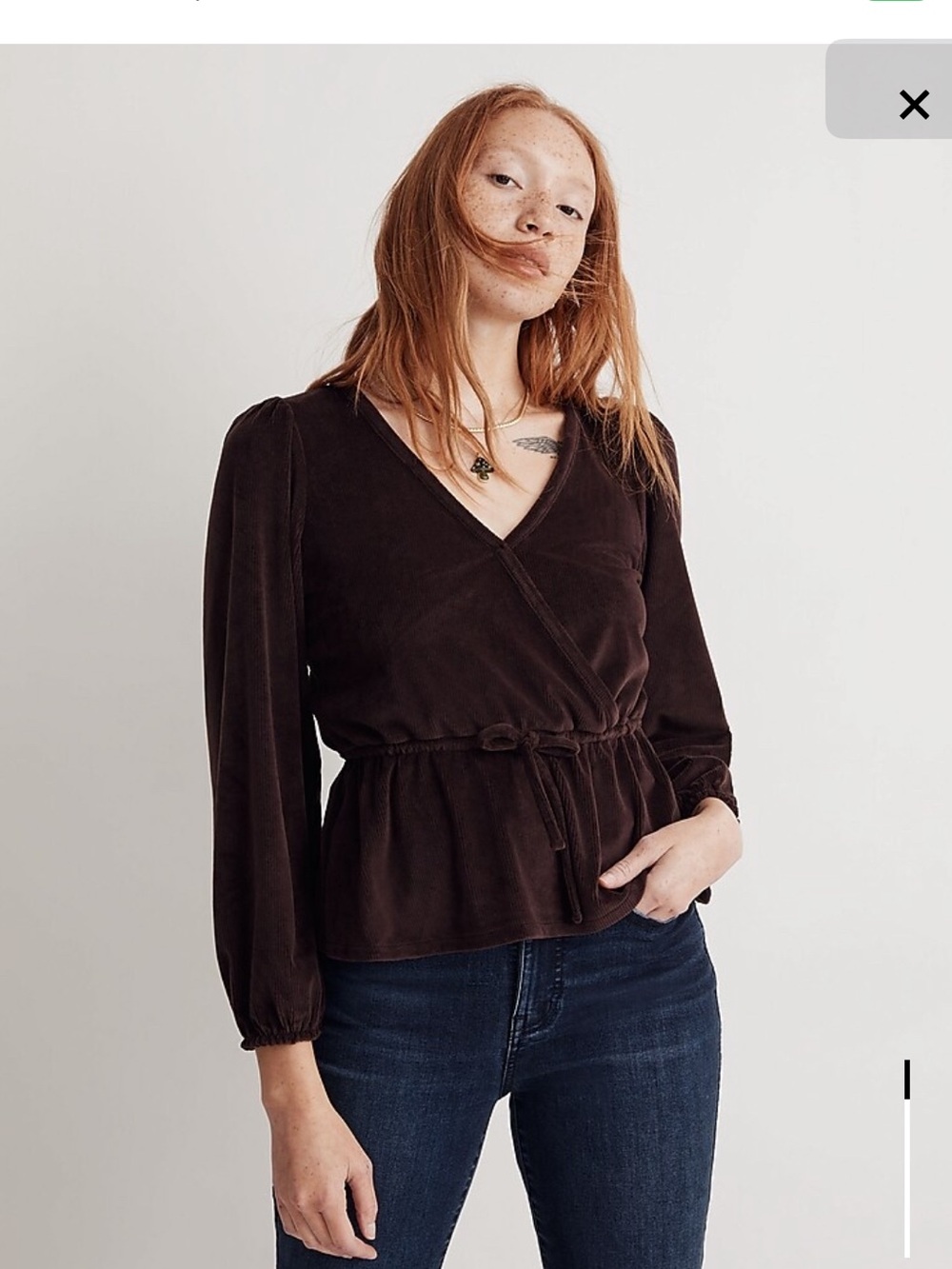 Madewell Corduroy Tie-Front Faux-Wrap Top in Spiced Raisin size Women’s XS